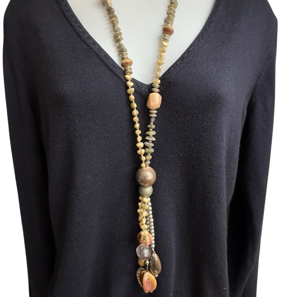 Vintage Artisan Y Drop Necklace Beaded Tassel Silver Tone Lariat Boho Statement